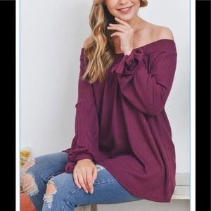 5⭐️! 🆕🥀Long sleeve, off-shoulder waffle knit tunic top/Tie-knot sleeve d…